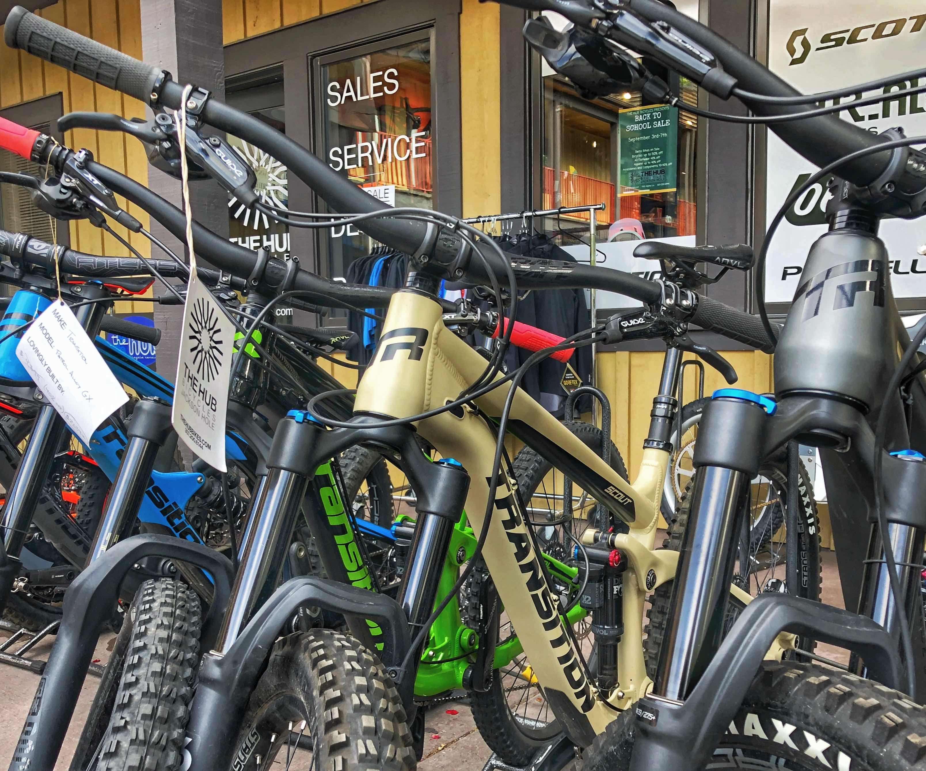Bikes lined up in front of The Hub Bicycles.