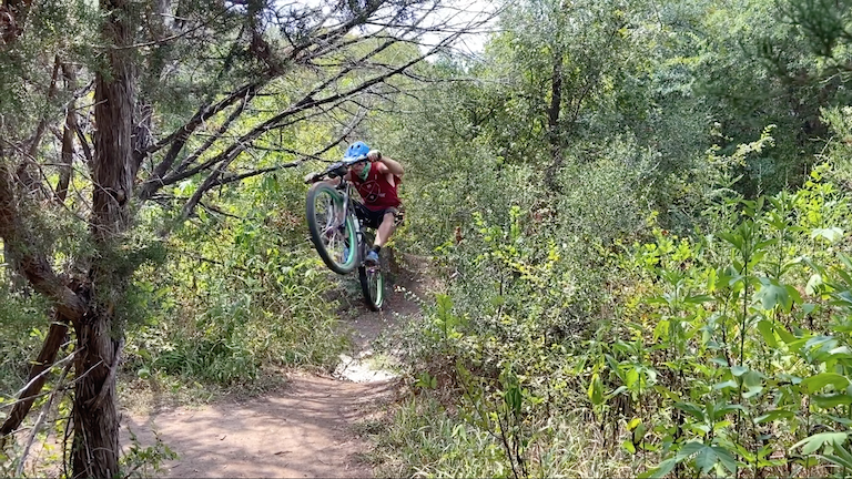 mountain biker jumping up from wooded valley trail