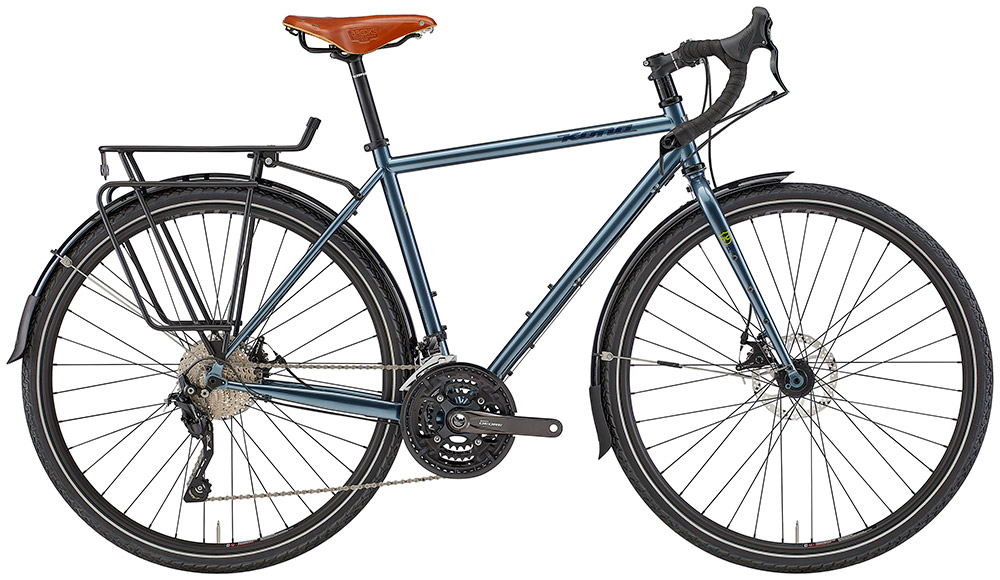 2022 Kona Sutra SE in Gloss Metallic Blue Silver with rear cargo rack and Brooks leather saddle