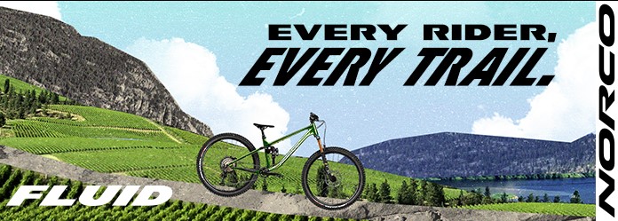 An image of a Norco Fluid bike in front of hills, with a text overlay that reads "Every Rider, Every Trail."
