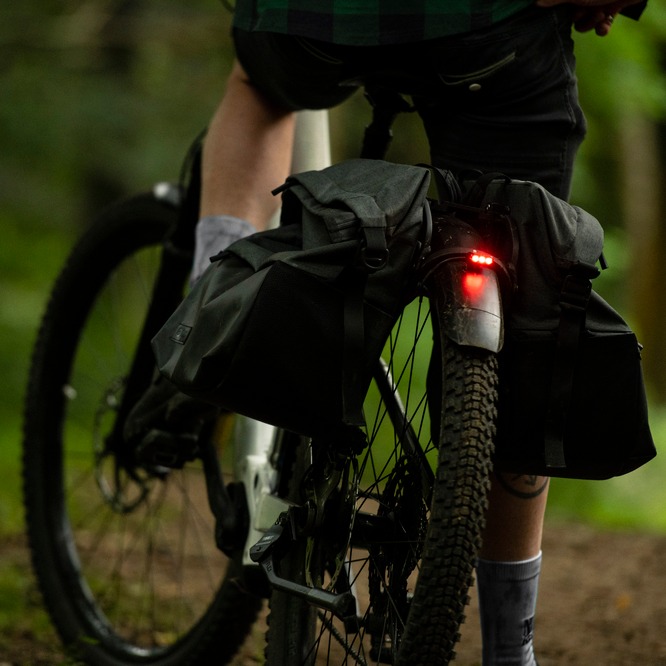 The back of a bike with saddle bags on either side.