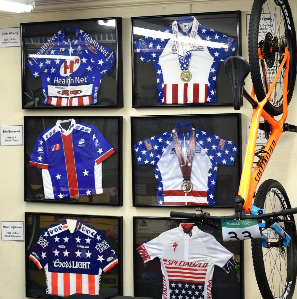 Championship bikes and jerseys from Chris Wherry, Elke Brutseart, Mike Engleman, and Howard Grotts