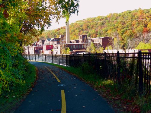Historic mills near the bicycle path in Turners Falls, Massachusetts.