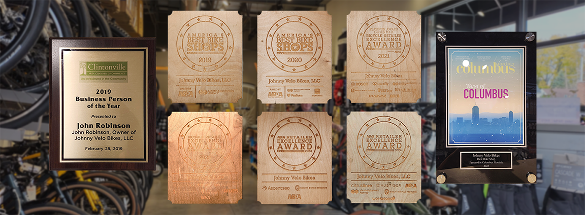 Photo of awards for Best Bike Shop for the last 7 years, including the most recent as Best Bike Shop in Columbus OH by readers of Columbus Monthly Magazine