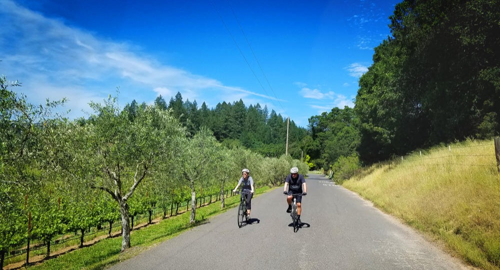 A couple riding bikes in the country