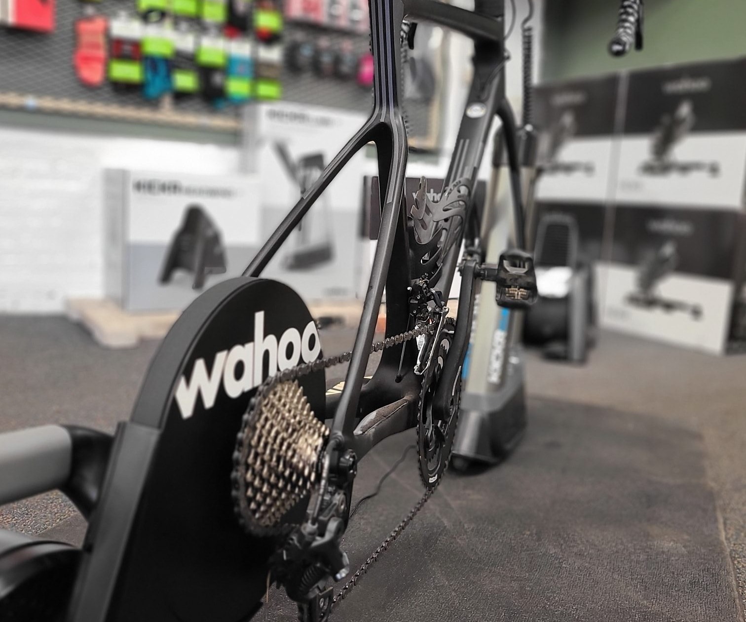 Road bike setup on a Wahoo trainer