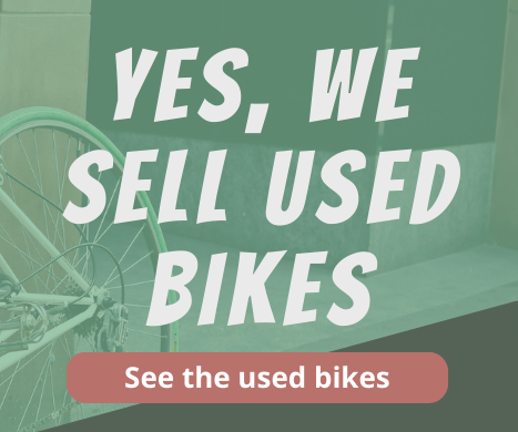 A teal graphic that reads "Yes, we sell used bikes."
