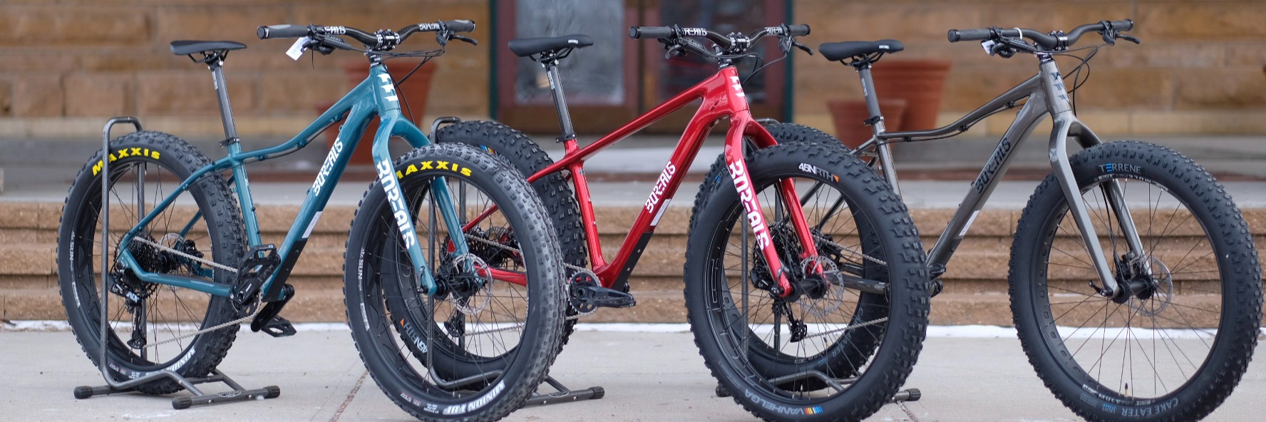 Row of three Borealis Brand Fatbikes in blue, red, and charcoal colors.