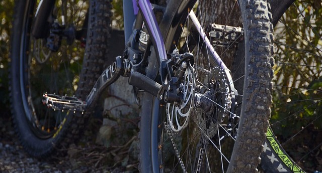 Closeup of mountain bike wheels