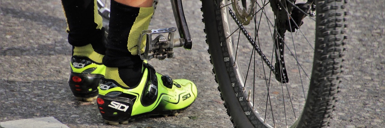 close up a bike riders cycling shoes from Sidi