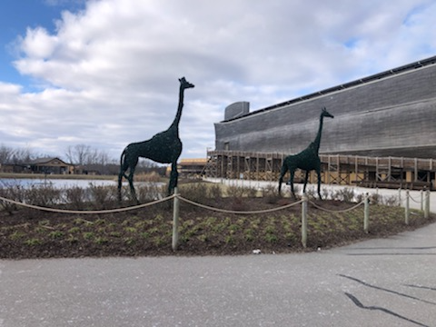 2 Giraffe figures headed towards the ark