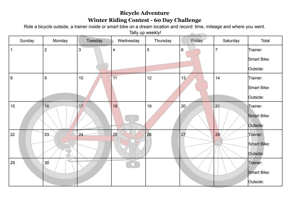 30 day calendar to log the time and miles rode on a bicycle
