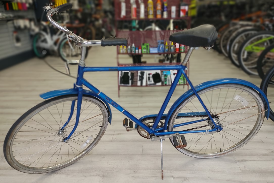 Blue 1960s, 3 speed bike with fenders and straight bar