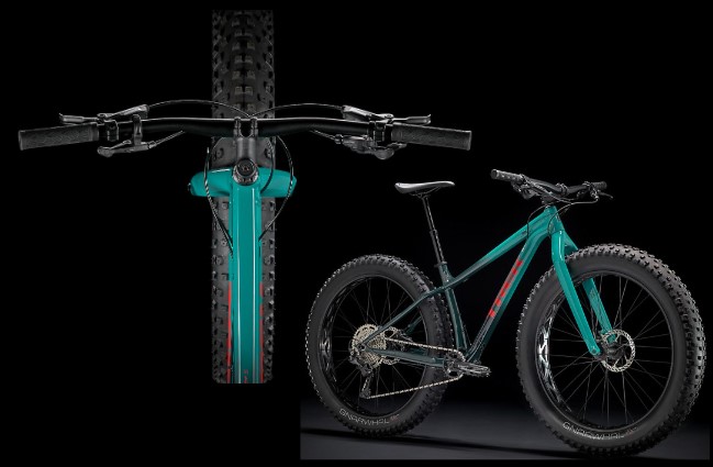 Farley 5 turquoise fat tire bike and top view of handle bars