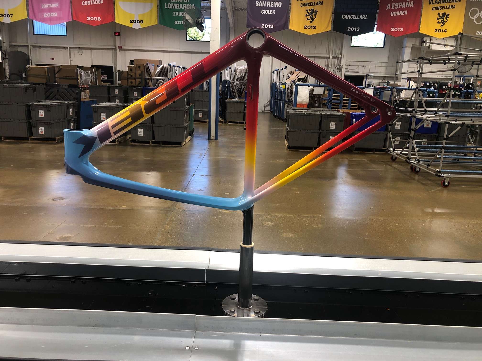 Trek frame, very colorful. Light blue, to yellow, to orange, to red, to pruple