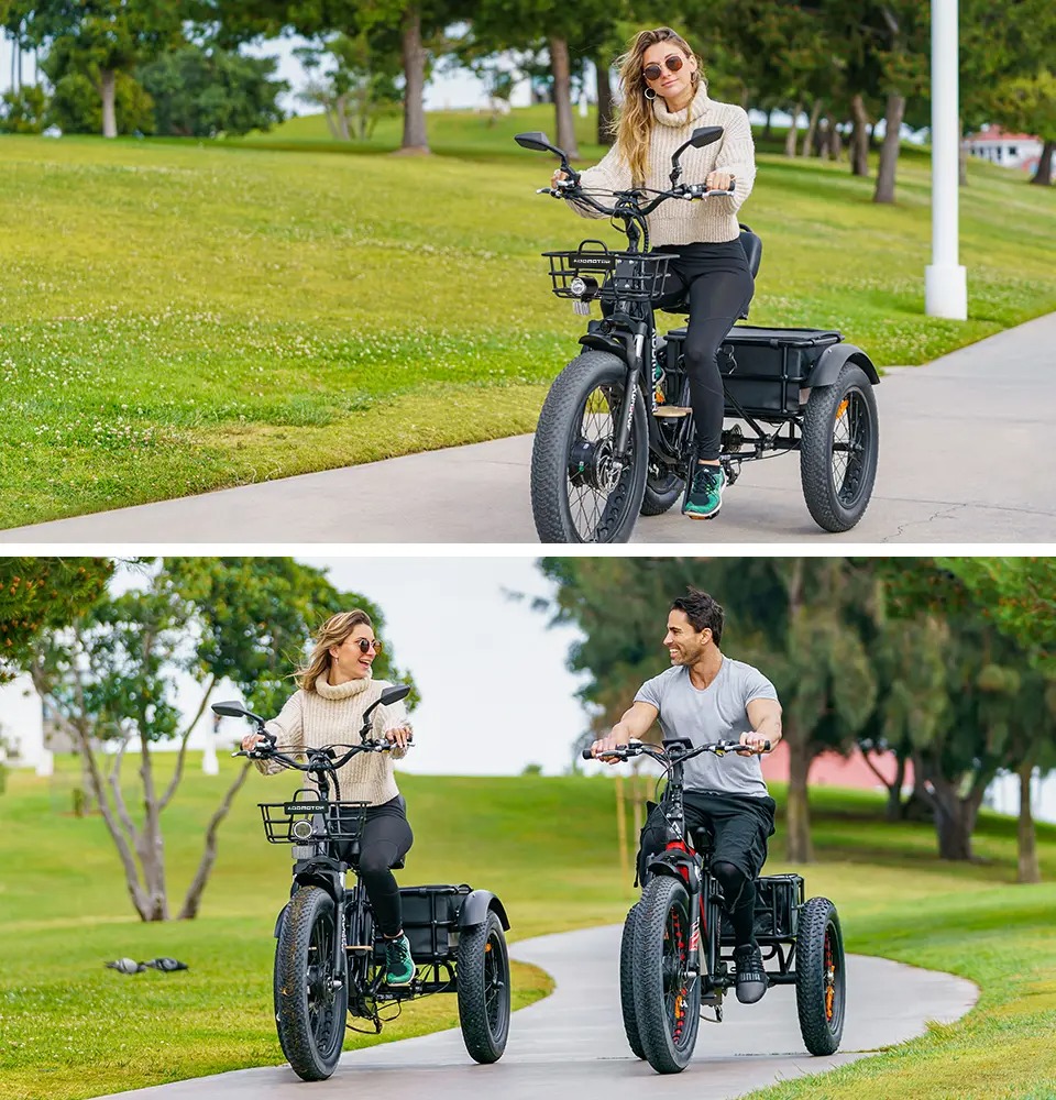 top photo is one woman on trike and bottom photo is man and woman on electric trikes in a park