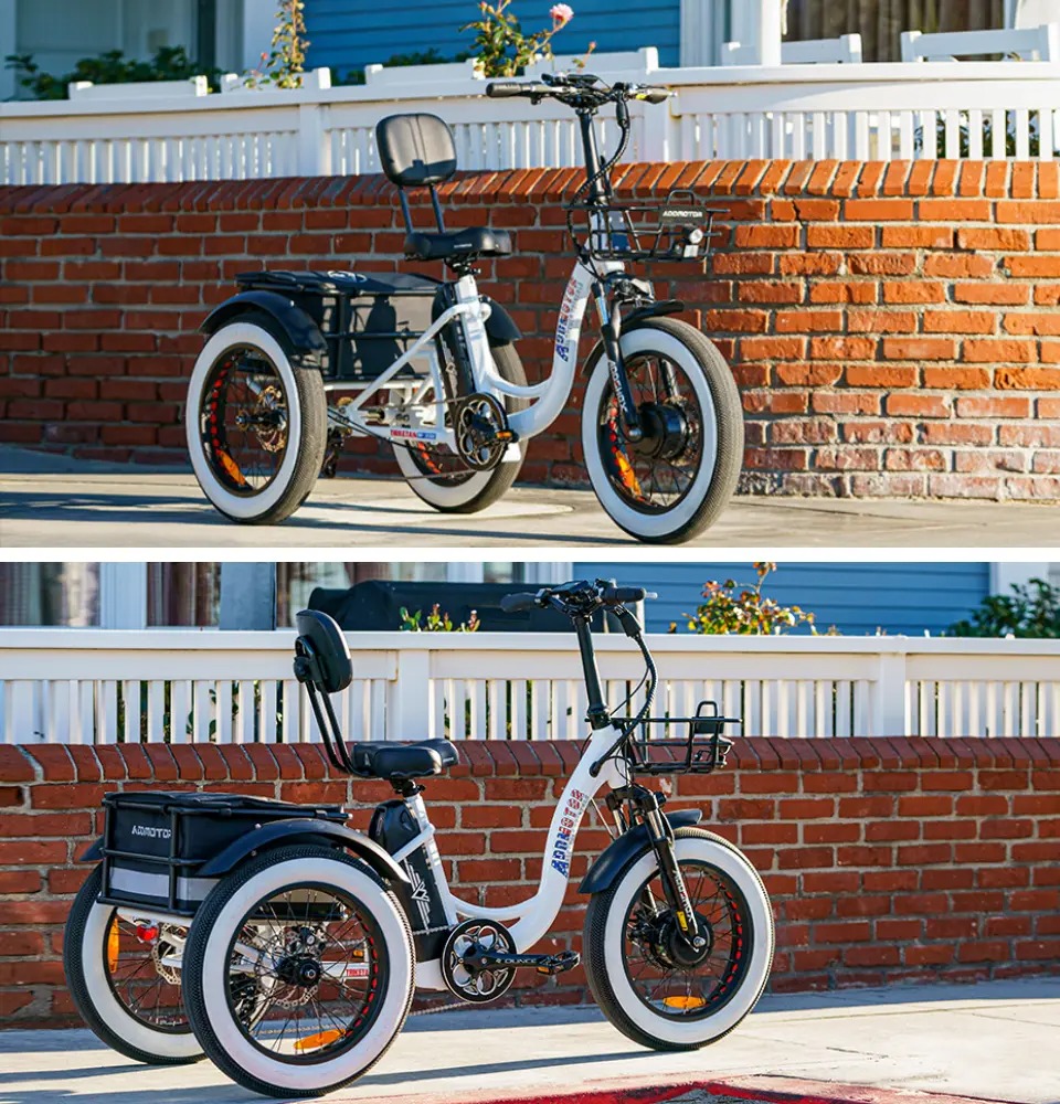 two pictures of a white electric trike on the street
