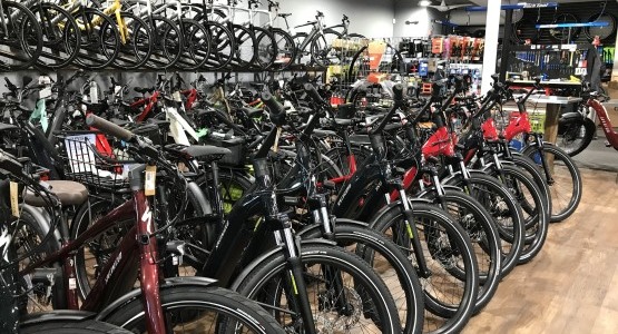 row of ebikes in store