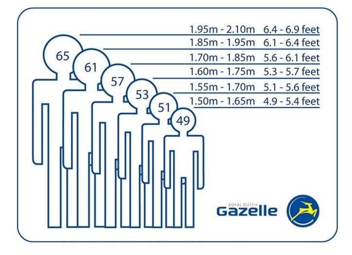 size chart for Gazelle models showing figures of different heights
