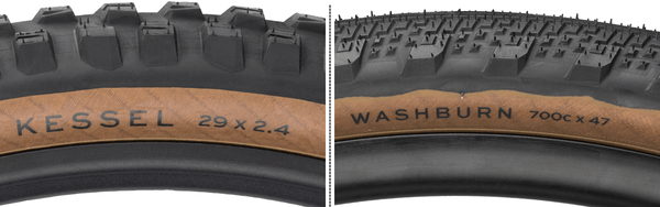 Closeup side by side views of the tire hotpatch labels on the Teravail Kessel and Washburn tires
