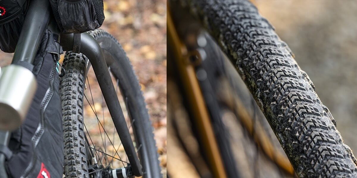 2 side by side images. Left is a view of a bike's front tire from the saddle. Right is a closeup view of a tire tread.