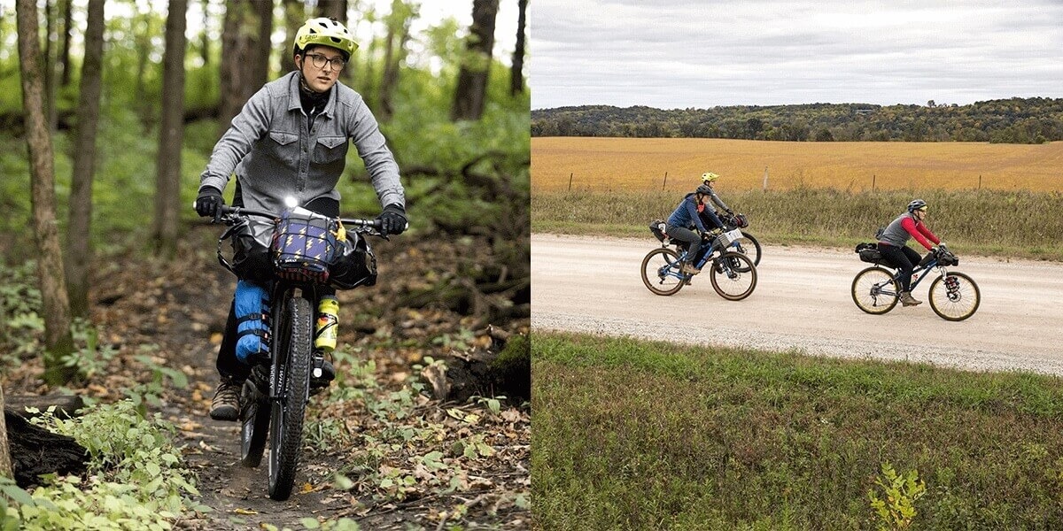 Image on the left depicts a cyclist with a fully packed bike. Image on the right shows 3 riders on a gravel road on bikes loaded with packs.