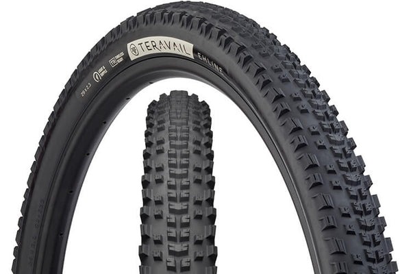 Teravail Ehline tire with views of tread pattern and sidewall with hotpatch