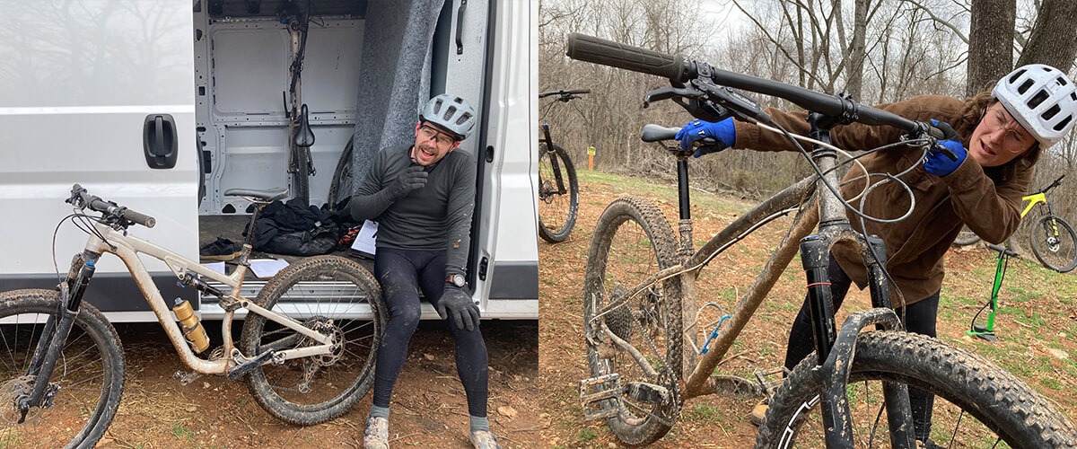 Two image collage. On the left a rider sits on the edge of a van with his mountain bike. On the right a cyclist inspects her muddy mountain bike.