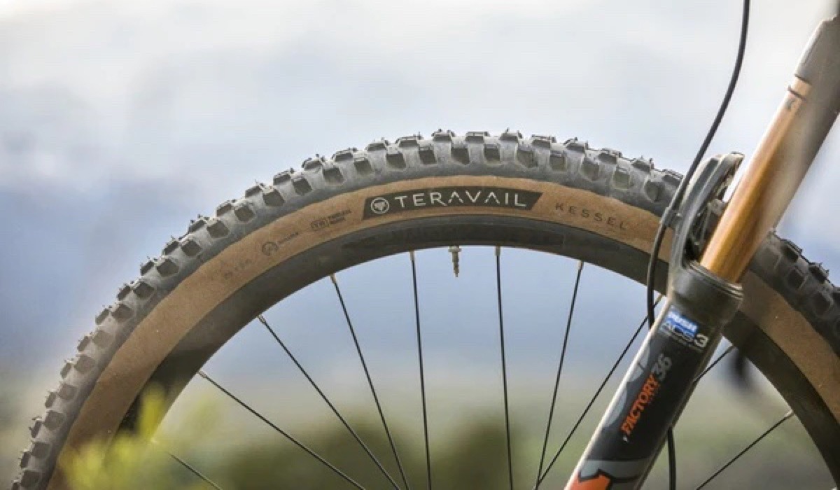 Teravail Kessel Tire shown mounted on the front wheel of a mountain bike
