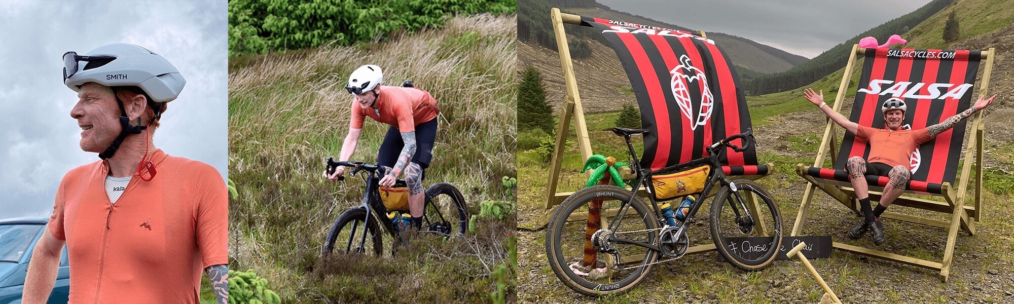 Collage of three images of Steve Bate during his cycling expedition in the Salsa Frontier 300 in the UK.