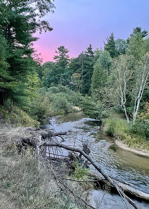 A narrow stream with a pink sunset in the background