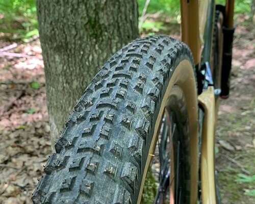 A closeup view of the rear tire's tread