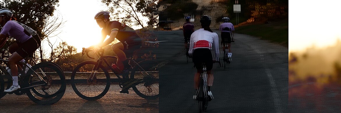 Images of road cyclists riding at dusk with drop bar bikes on paved roads