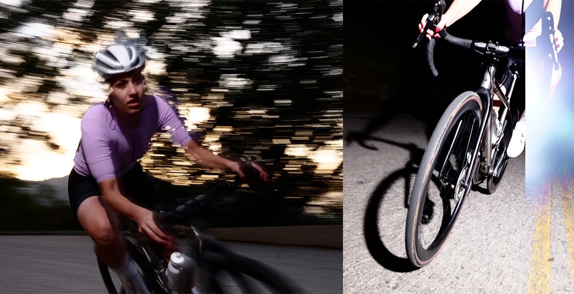 Two images of cyclists on road bikes at dusk. They are moving fast and the image is blurred.