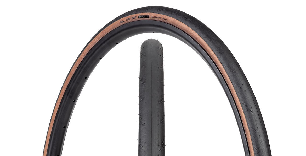 The Teravail Telegraph Tire with tan sidewall. A tread detail view and side profile angle are shown together.