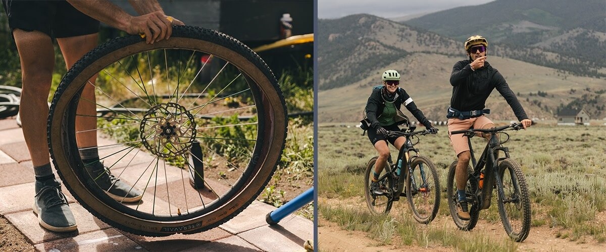 Two images side by side. On the left a cyclist mounts a tire on a rim. On the right, two cyclists ride MTBs on a gravel path.
