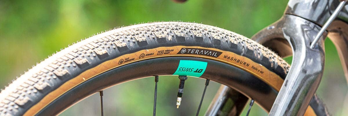 Closeup of a Teravail Washburn tire mounted on a bike