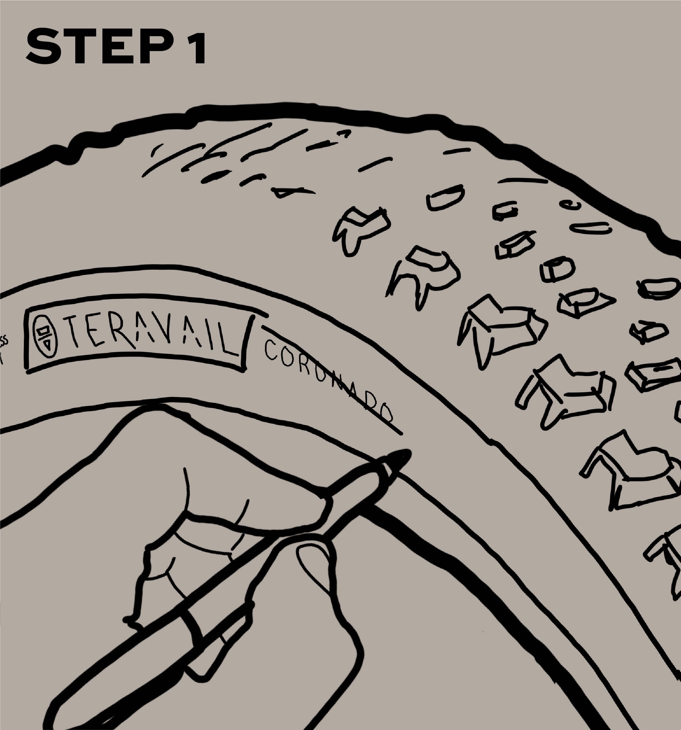 A digital illustration showing step 1, which is crossing out the name "Coronado" on the tire