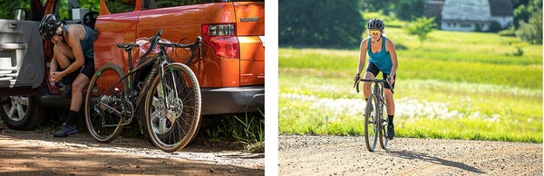 Left image is a rider preparing to ride their gravel bike. On the right a cyclist riding on gravel with Washburn tires.