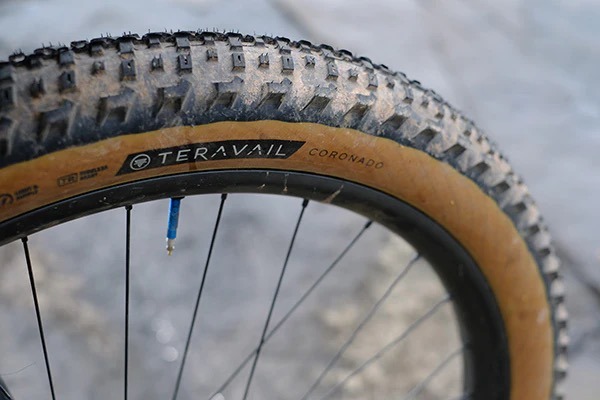 closeup view of the Teravail Coronado tire mounted on a bike