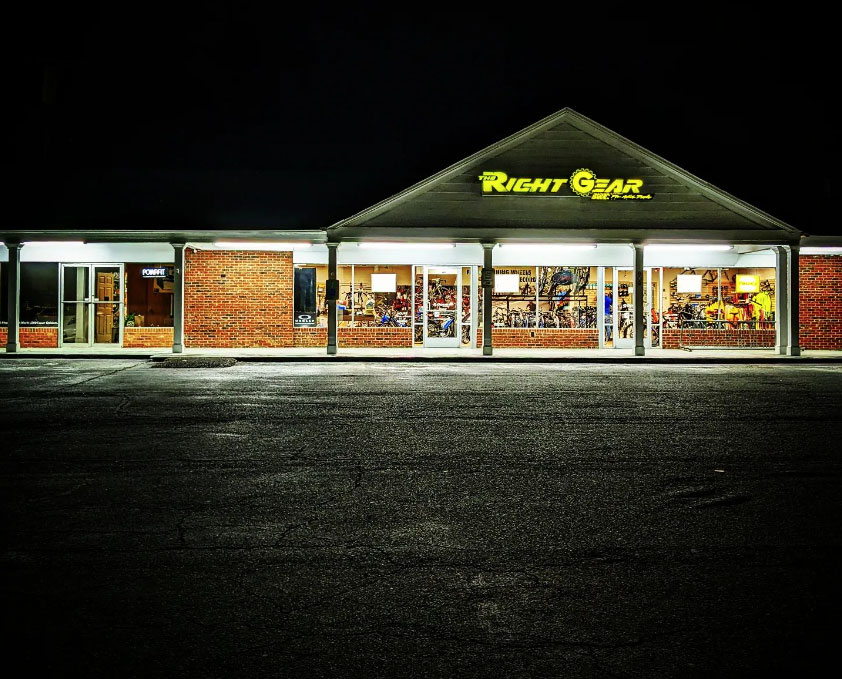 The Right Gear Storefront at Night