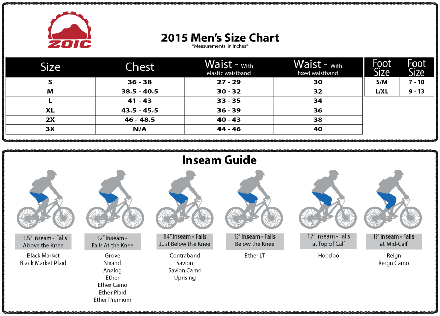 Zoic Shorts Size Chart