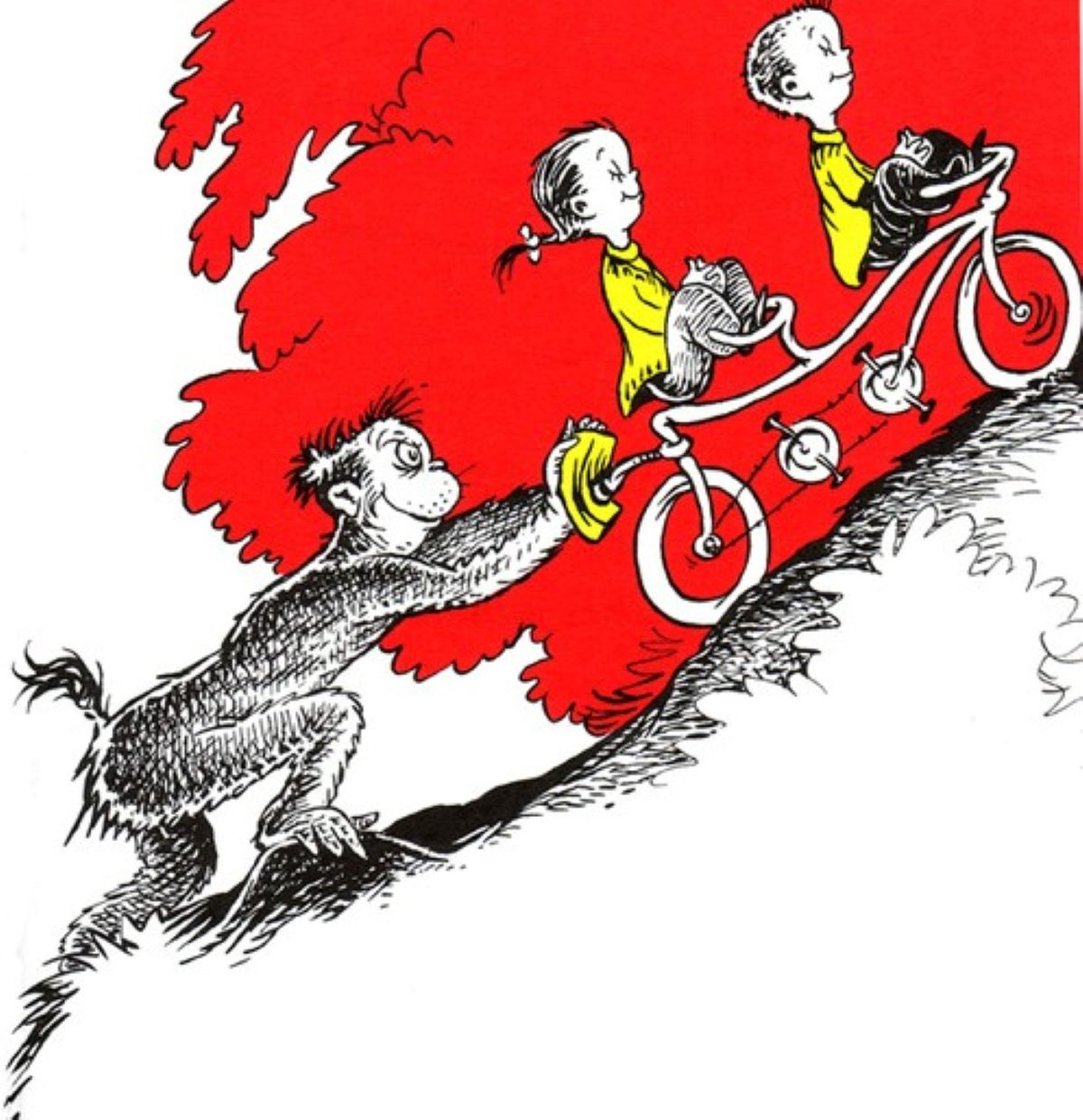 A page from Dr. Seuss' book showing a "Mike" pushing kids up a hill.