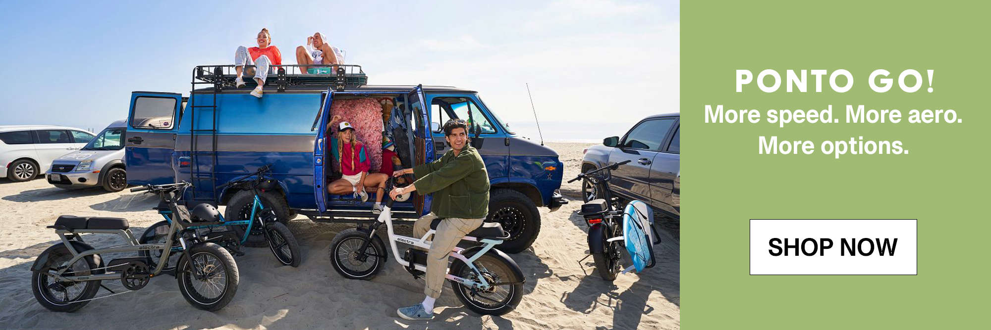 Electra Ponto Go bicycles with people hanging arounf at the beach