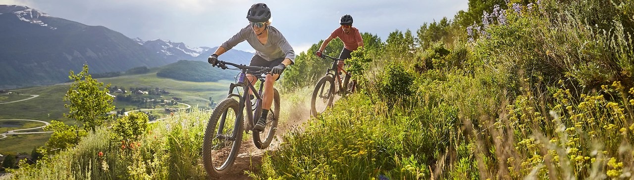 Two mountain bike riders on a dirt path