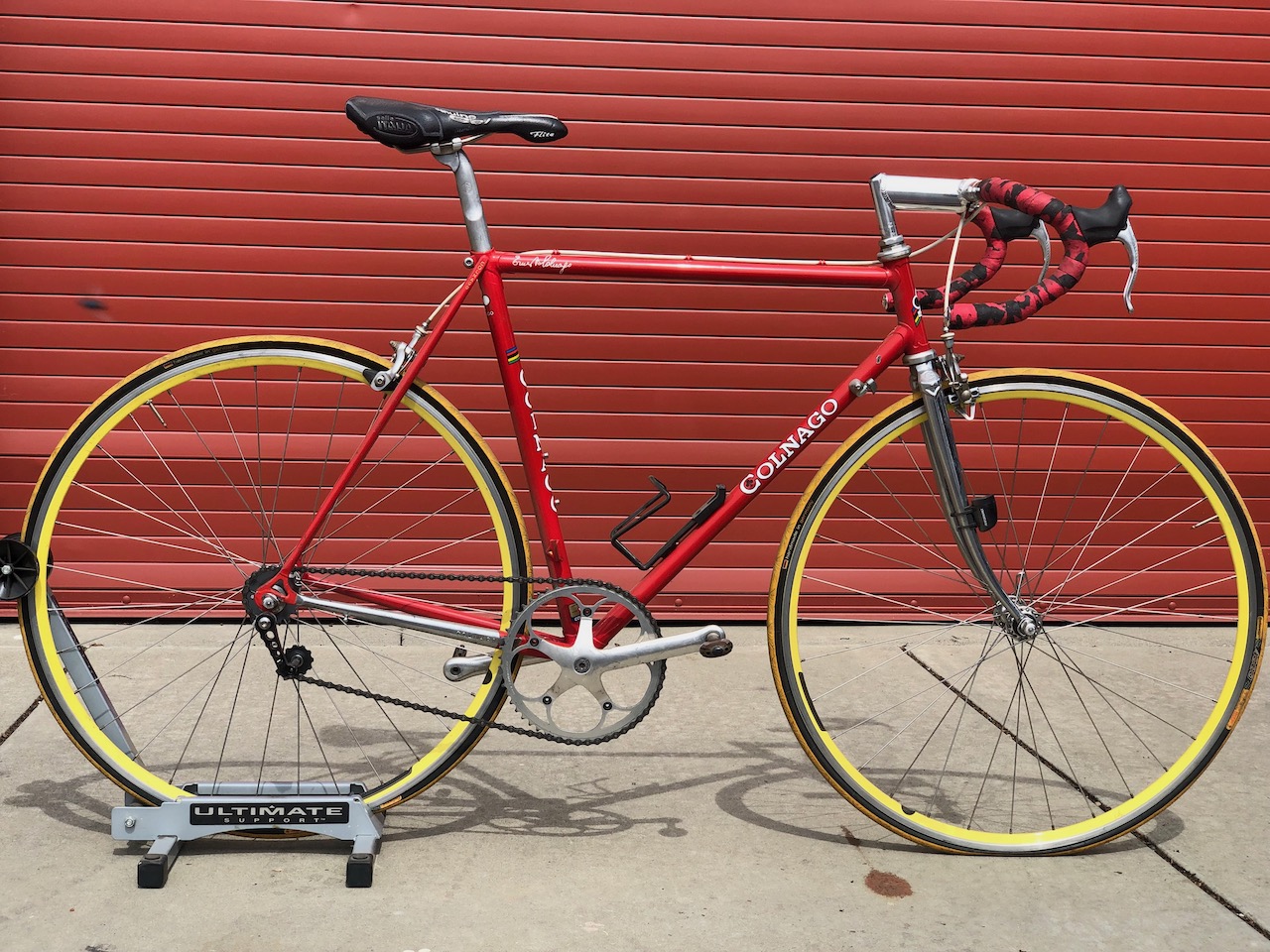 A classic, red steel frame "Mexico" Colnago, currently set up as a single speed.