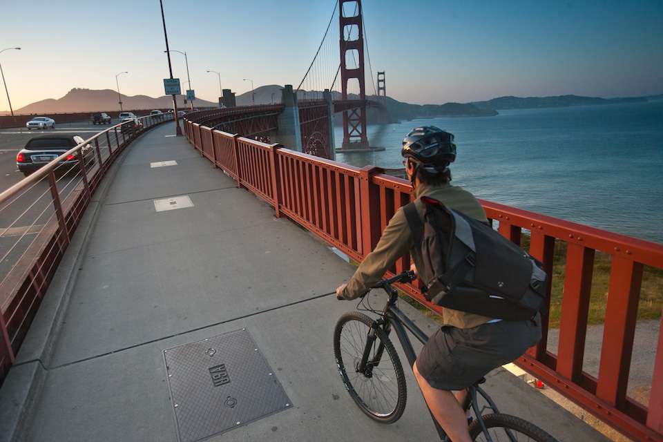 Cycling across the bridge