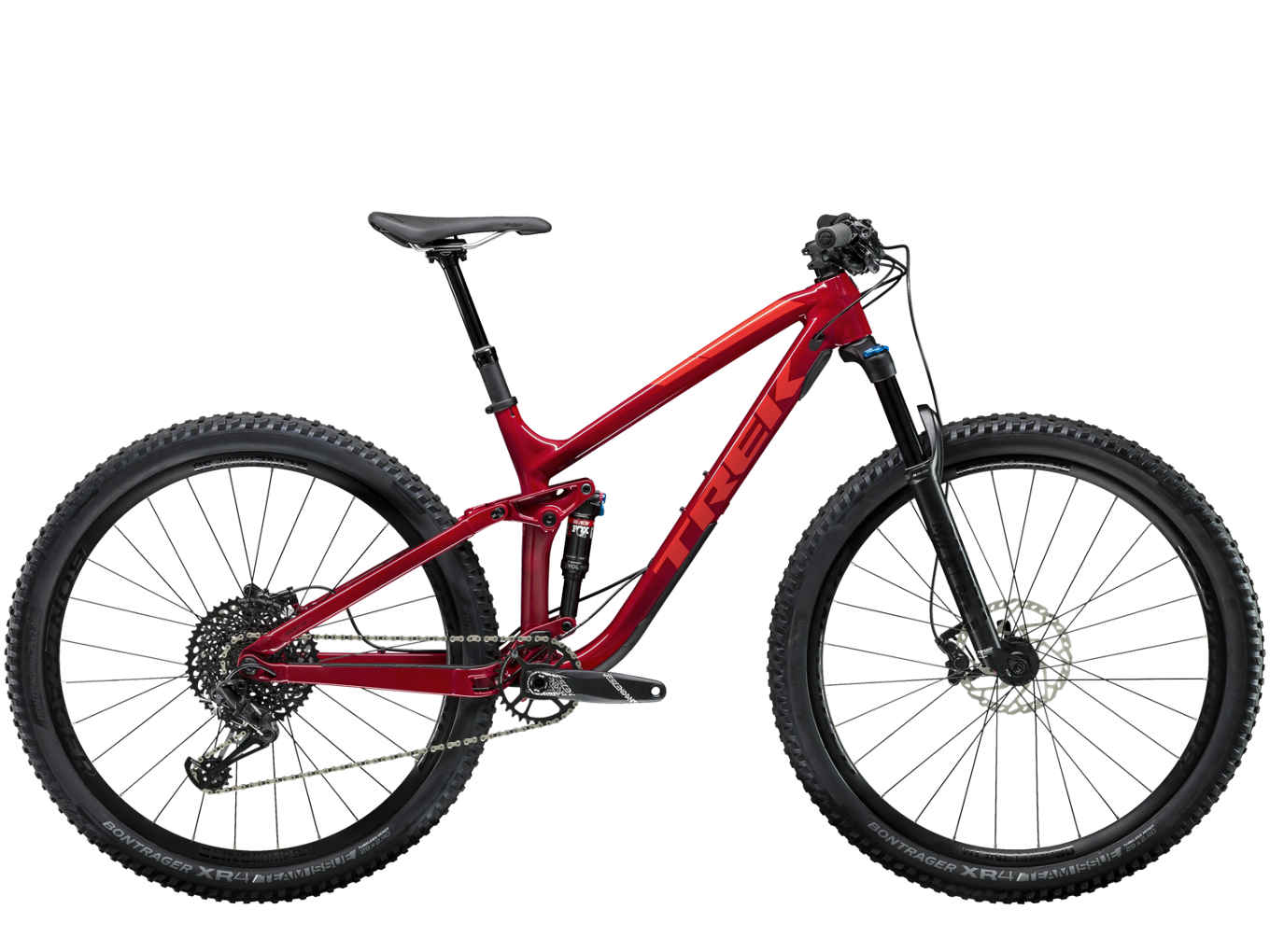 A red Trek mountain bike.