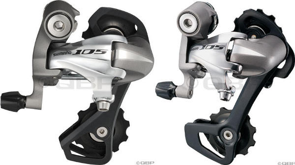 Shimano 105 rear derailers with short cage (left) and medium cage (right)