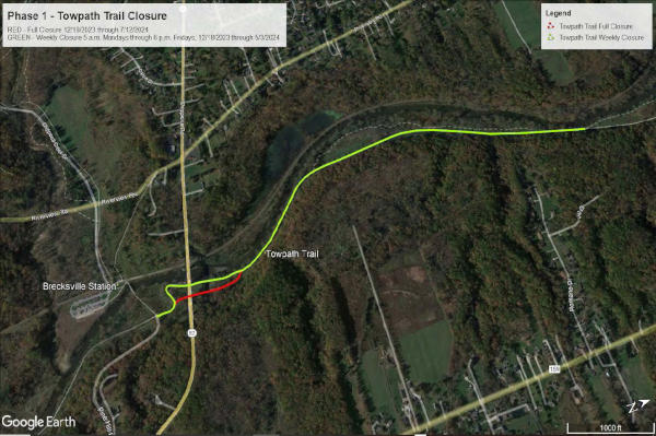 Map of the area of the Towpath Trail to be closed on weekdays from Dec. 18, 2023 through May 3, 2023 6am-5pm.